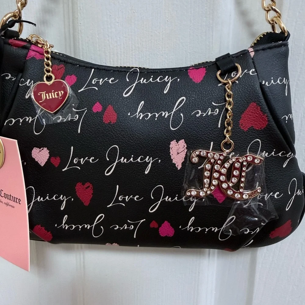 NWT Juicy Couture Black Multicolored V-Love Letter Pouch Wristlet w/ Gold Chain - Picture 3 of 6